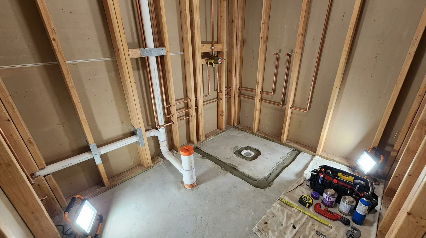 Bathroom rough-in plumbing during remodel by Johns Plumbing LLC in Heath