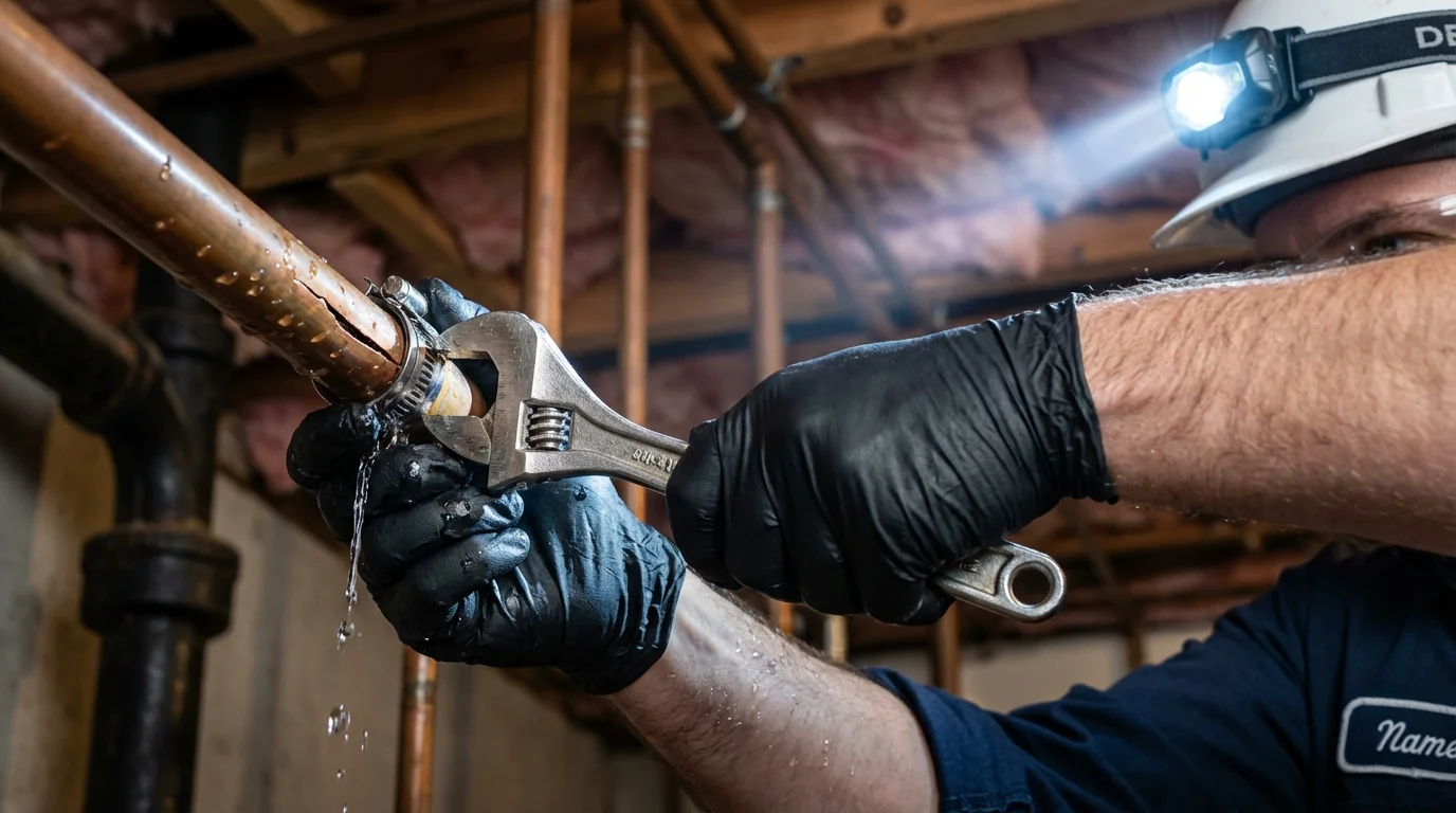 Emergency pipe clamp repair being performed by a Johns Plumbing LLC plumber in Heath