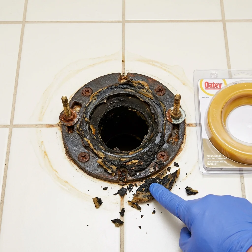 Failed wax ring showing water seepage at the base of a toilet in a Heath, OH home