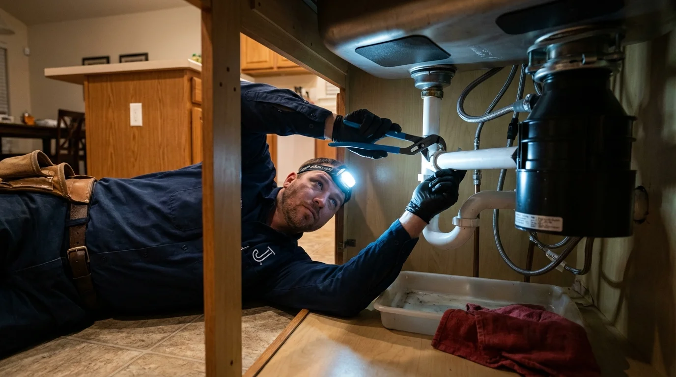 P-trap and supply line connections under a kitchen sink showing a common leak point in Heath, OH